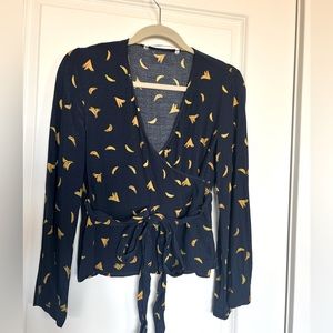 Zara Navy Blue Banana Print Wrap Top Blouse SZ L